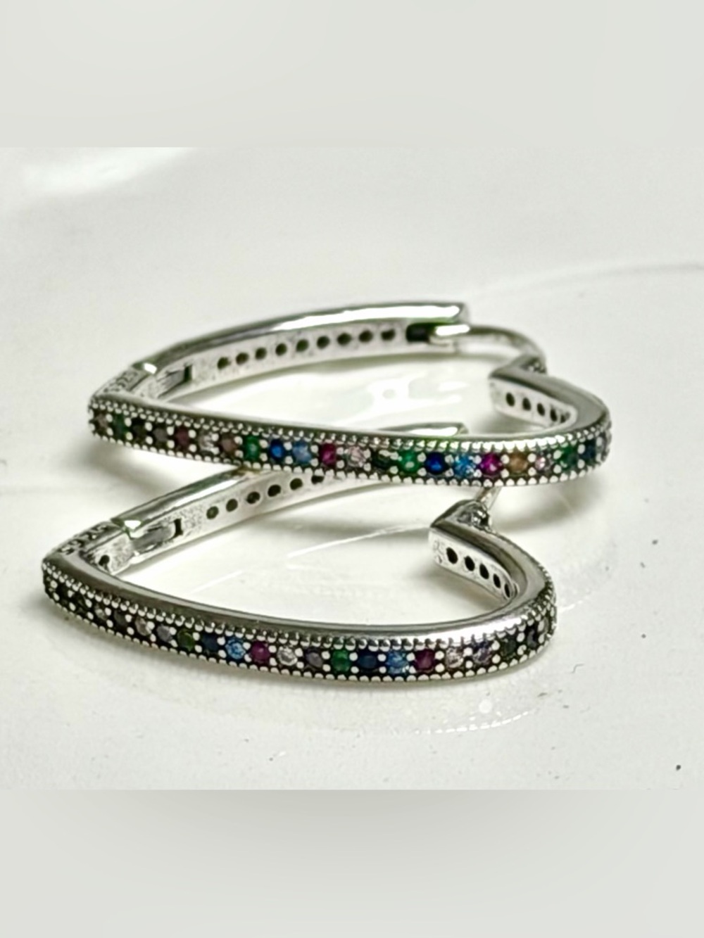925 Sterling Silver. Heart Multicolor Crystal Hoop Earrings